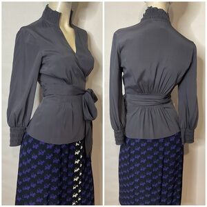 Diane von Furstenberg Gray Silk Wrap Surplice Long Sleeve Blouse Size 4